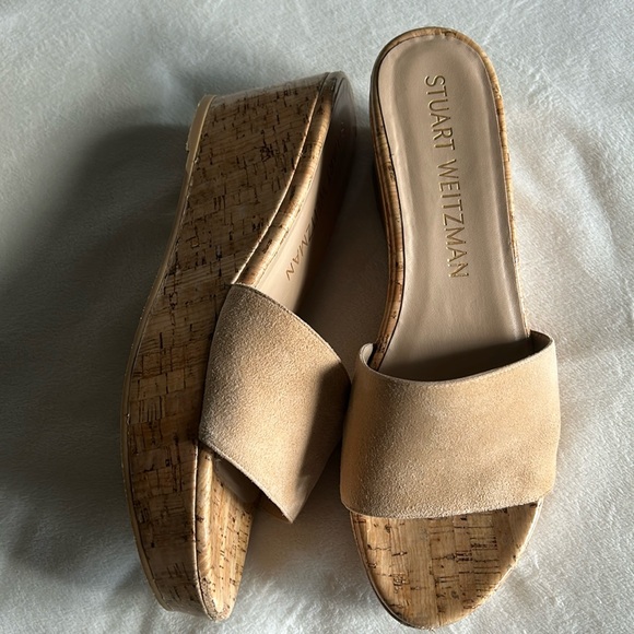 STUART WEITZMAN Summer Wedge Women’s size 10 Tan Suede Platform Slide Sandals - Picture 12 of 16